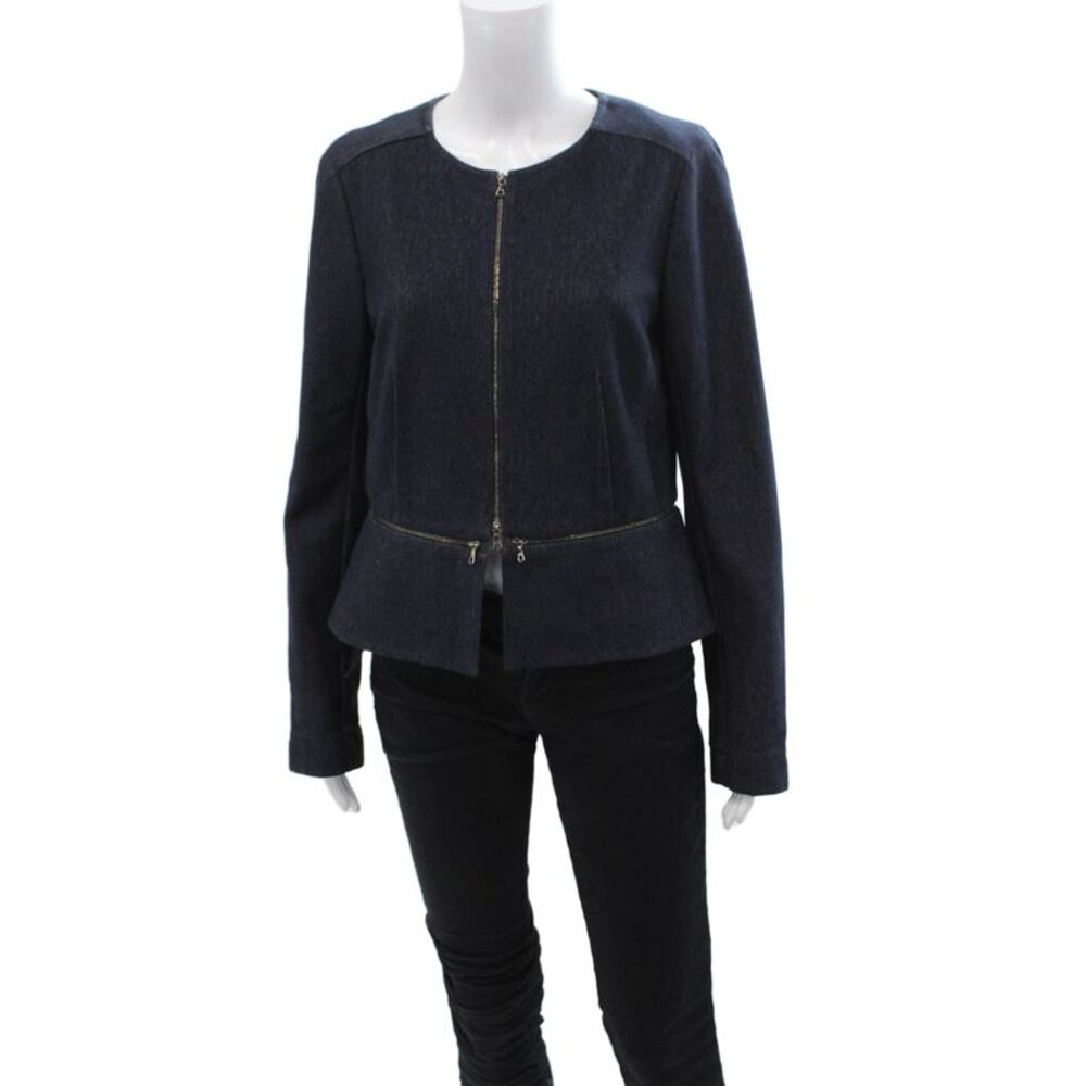 Lida Baday Women Designer Dark Blue Cotton Blend Zip Jacket Long Sleeve Size S